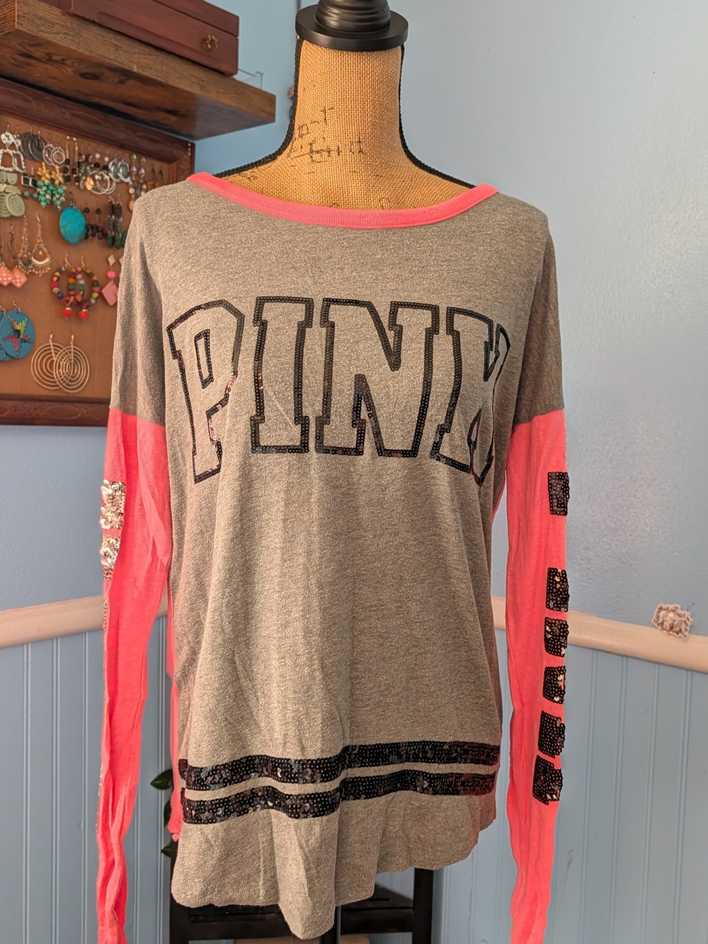Victoria's Secret PINK Grey and Neon Pink Crewneck